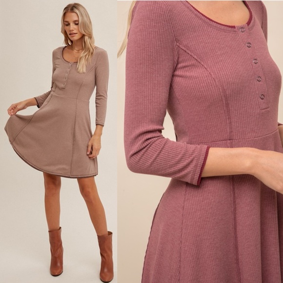 Hem & Thread Dresses & Skirts - ✨NEW Hem & Thread BURGUNDY Ribbed Skater Skirt Dress Snap Button Detail Elegant